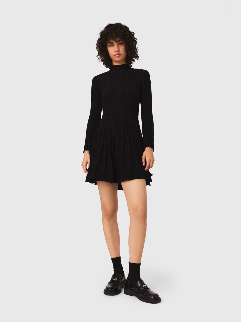 Maje Black Long-Sleeve Ribbed Knit Mini Dress